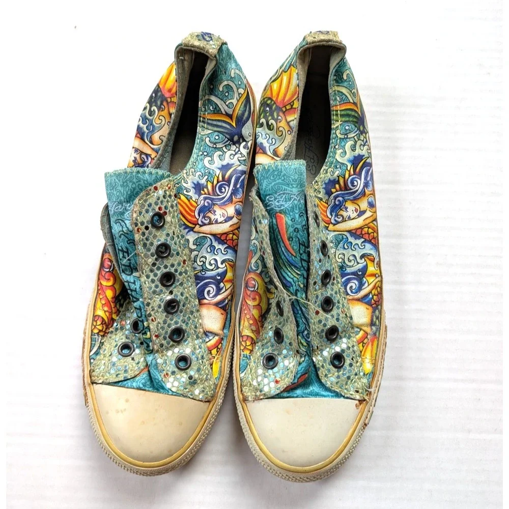 Ed Hardy Womens Size 10 Slip On Shoes Embroidered Glitter Mermaid Y2K Vintage